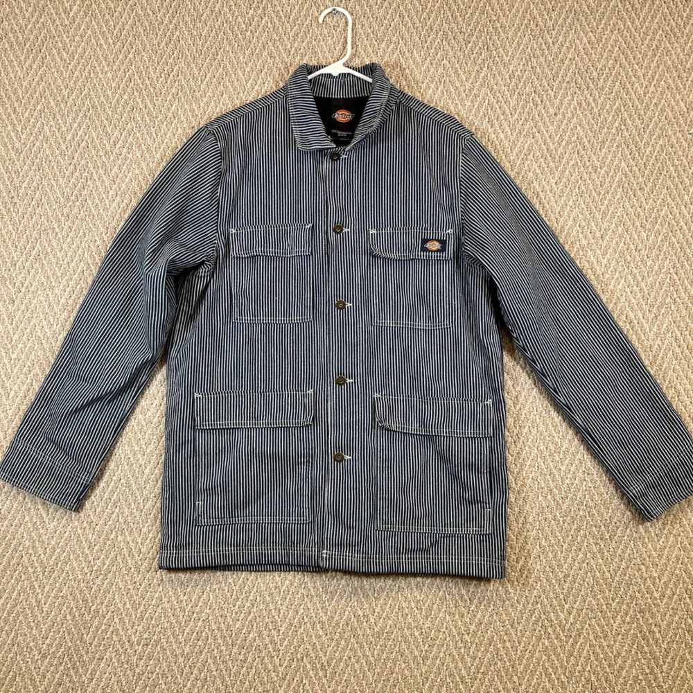 Dickies Jacket Mens Medium Blue Hickory Stripe Chore Coat White Utility